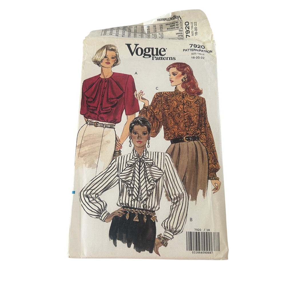 Vogue 7920 Blouse Pattern Womens 18-20-22 Multi Ruffle Bow Uncut 1990 Vintage